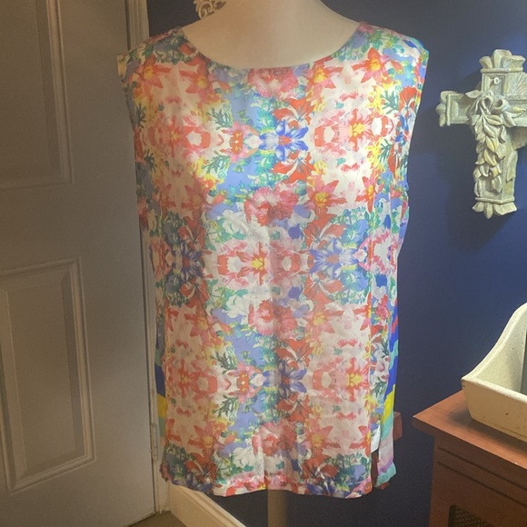 Daisy Fuentes 💐 Sleeveless Sheer Floral and Stripe Blouse - Picture 1 of 6